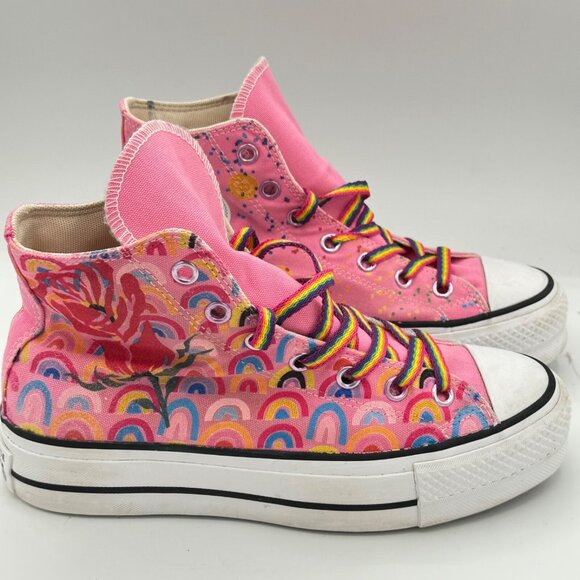 Converse All Star high tops women size 8 pink rainbow peace signs - Picture 2 of 7